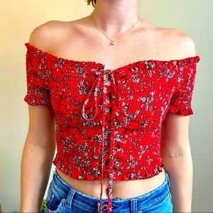 Red Ditsy Floral Crop Top